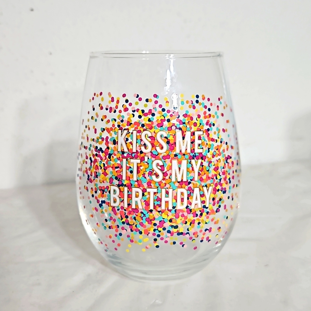 kiss me it's my happy birthday multi color polka dot painted stemless wine Glass